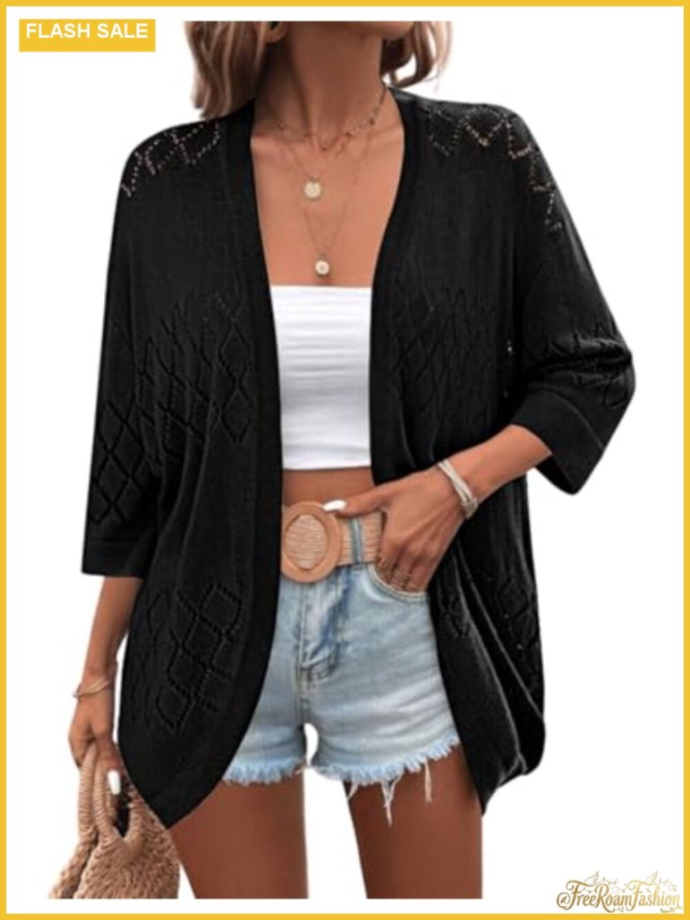 Lightweight Crochet Knit Cardigan 3/4 Sleeve Boho Kimono Cover Up